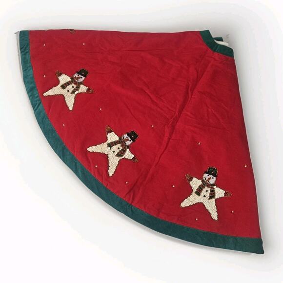 Vtg HANDMADE Christmas Felt Tree Skirt Sequins Beaded Snowman Star Retro 52" - Picture 3 of 7